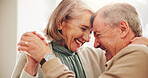 Love, dance and smile with old couple in home for romance, bonding and anniversary. Holding hands, support and trust with elderly man and woman for connection, retirement and solidarity together