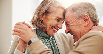 Buy stock photo Love, dance and smile with old couple in home for romance, bonding and anniversary. Holding hands, support and trust with elderly man and woman for connection, retirement and solidarity together