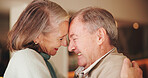 Senior couple, hug and happy in home, profile and care with bonding, love or loyalty in retirement. Elderly people, man and woman with embrace, smile and connection for trust in relationship at house