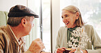 Coffee, happy or old couple in cafe on date together in retirement for love, breakfast or talk. Relax, tea or people on vacation in restaurant with smile, beverage or care for romantic anniversary