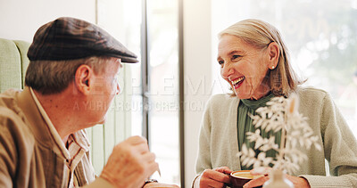 Buy stock photo Coffee, happy or old couple in cafe on date together in retirement for love, breakfast or talk. Relax, tea or people on vacation in restaurant with smile, beverage or care for romantic anniversary