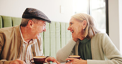 Buy stock photo Coffee, laugh or happy old couple in cafe on date together in retirement for love, chat or talk. Relax, tea or senior people in restaurant with smile, beverage or funny joke for romantic anniversary