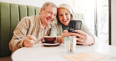 Buy stock photo Senior couple, smile or selfie in coffee shop with love, anniversary date or take picture. Elderly husband, romantic people or happy wife in cafe for photograph, romance or social media memory fun