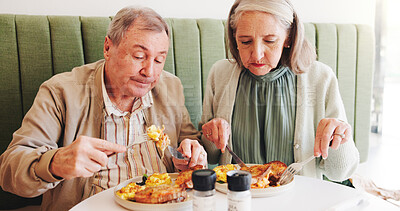 Buy stock photo Eating, breakfast or senior couple in cafe on date together in retirement for love, eggs or food. Taste, hungry or elderly people in restaurant with lunch and care at diner for romantic anniversary