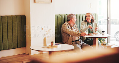 Buy stock photo Eating, talk or old couple in cafe on date together in retirement for love, breakfast or food. Relax, chat or people on vacation in restaurant with lunch or care at diner for romantic anniversary