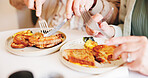 Restaurant, couple and hands with plate of food, eating or elderly people on date with healthy diet. Morning, customer and pensioner with sandwich for lunch, protein and utensils for meal in diner