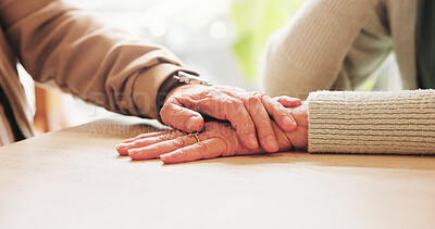 Buy stock photo Holding hands, empathy and senior couple in home with comfort, bonding or connection in relationship. Support, trust and elderly man with woman for care, love and romance in marriage in house.