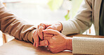 Holding hands, love and senior couple in home with comfort, bonding or connection in relationship. Empathy, trust and elderly man with woman for care, support and romance in marriage in house.