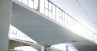 Buy stock photo Warehouse, industrial architecture and empty building with interior design for shelter or structure. Workshop, walls and pilars of concrete construction with solid infrastructure or development