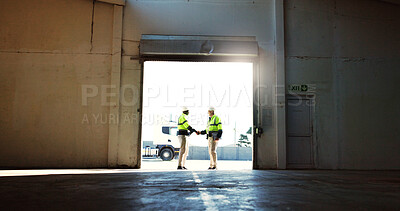 Buy stock photo Construction, logistics and men with handshake in warehouse for collaboration, new project or deal. Engineering, contractors and shaking hands with partnership for labor management and transportation
