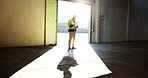 Construction site, empty warehouse and man on tablet for inspection, building development and maintenance. Engineering, industrial and person on digital tech for project, infrastructure or planning