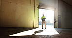 Construction, empty warehouse and man with tablet for inspection, building development and maintenance. Engineering, industrial site and person on digital tech for project, infrastructure or planning