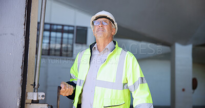 Buy stock photo Mature man, garage door and open for logistics, stock or storage at warehouse for supply chain. Person, engineer and inspection with maintenance, check or commercial distribution at industrial plant