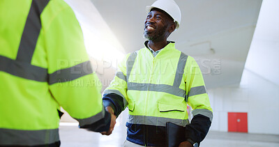 Buy stock photo Happy, construction and men with handshake in building for collaboration, project planning or deal. Engineering, contractors and shaking hands with agreement for quality control and safety inspection