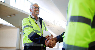 Buy stock photo Engineering, men or happy with handshake in building for site inspection, collaboration or welcome. Construction, contractors and shaking hands with agreement for project development and compliance