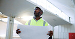 Construction, blueprint and man in building thinking for inspection, project development and planning. Engineering, industrial site and person with documents for floorplan, infrastructure and layout