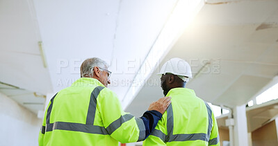 Buy stock photo Men, architect and back at property, discussion and review for design with building inspection. People, technician and engineer with support, paper and low angle with feedback at construction site