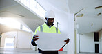 Construction, reading blueprint and black man in building for inspection, project development or planning. Engineer, industrial site and person with documents for floorplan, infrastructure and layout