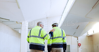 Buy stock photo Men, architect and back at property, team or support with touch for advice with inspection. People, mentor and engineer with talk, building expansion and motivation with feedback at construction site
