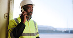 Phone call, construction and black man in building talking for contact, inspection and maintenance. Engineering, contractor and person on smartphone for planning, infrastructure and communication