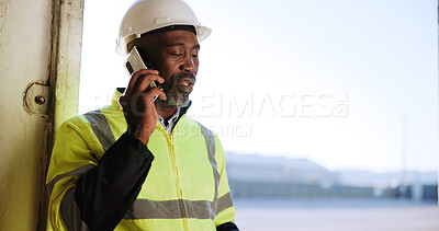 Buy stock photo Phone call, construction and black man in building talking for contact, inspection and maintenance. Engineering, contractor and person on smartphone for planning, infrastructure and communication