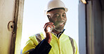Happy, construction and black man with phone call talking for contact, logistics and maintenance. Engineering, contractor and person on smartphone for planning, infrastructure and communication