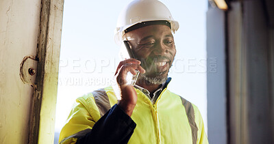 Buy stock photo Happy, construction and black man with phone call talking for contact, logistics and maintenance. Engineering, contractor and mature person on smartphone for planning, infrastructure or communication