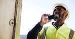 Phone call, construction and black man laugh for contact, inspection and maintenance logistics. Engineering, contractor and happy person on smartphone for planning, infrastructure and communication