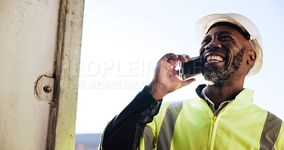 Buy stock photo Phone call, construction and black man laugh for contact, inspection and maintenance logistics. Engineering, contractor and happy person in low angle for planning, infrastructure and communication