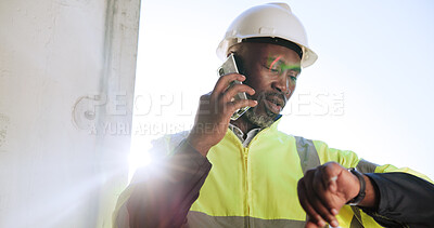 Buy stock photo Construction, phone call and man check watch on site for inspection schedule, planning or feedback. Contractor, black person and contact appointment for project management, progress update and flare
