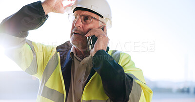 Buy stock photo Contractor, man or stress with phone call on site for building inspection fail, problem or feedback. Construction, mature person and talking to contact for project management, safety risk and mistake
