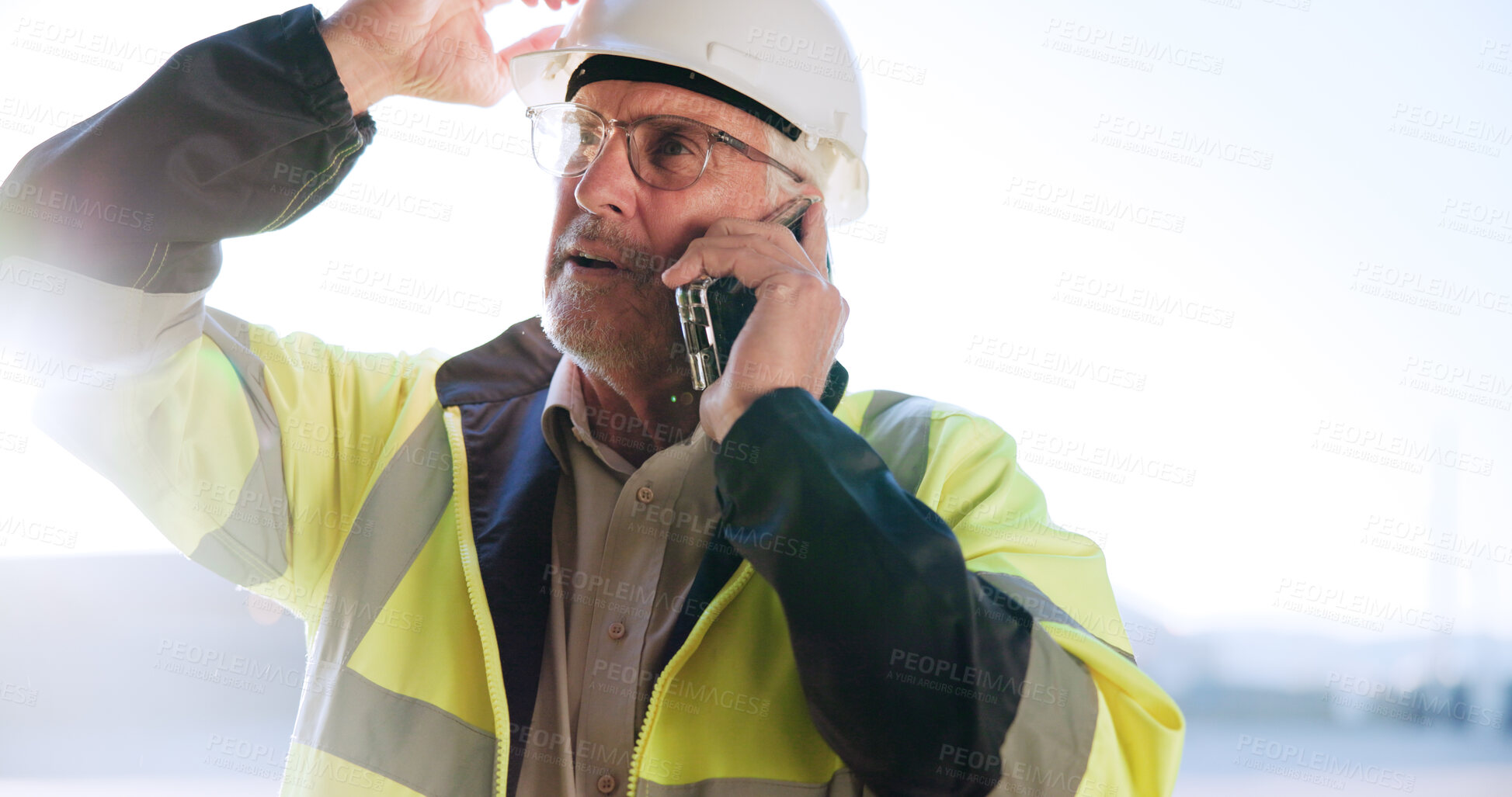 Buy stock photo Contractor, man or stress with phone call on site for building inspection fail, problem or feedback. Construction, mature person and talking to contact for project management, safety risk and mistake