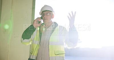 Buy stock photo Construction, man or stress with phone call on site for building inspection fail, issue or feedback. Engineering, mature person and speaking to contractor for project management, safety risk or flare