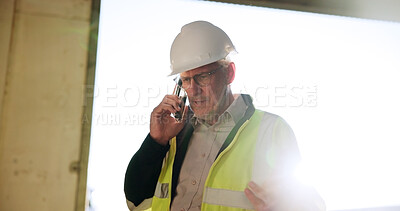 Buy stock photo Mature, construction and man with phone call for contact, inspection and maintenance logistics. Engineering, contractor and person on smartphone for planning, infrastructure and communication