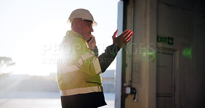 Buy stock photo Phone call, construction and mature man for contact, building inspection and maintenance. Engineering, contractor and person on smartphone for planning, infrastructure logistics and communication