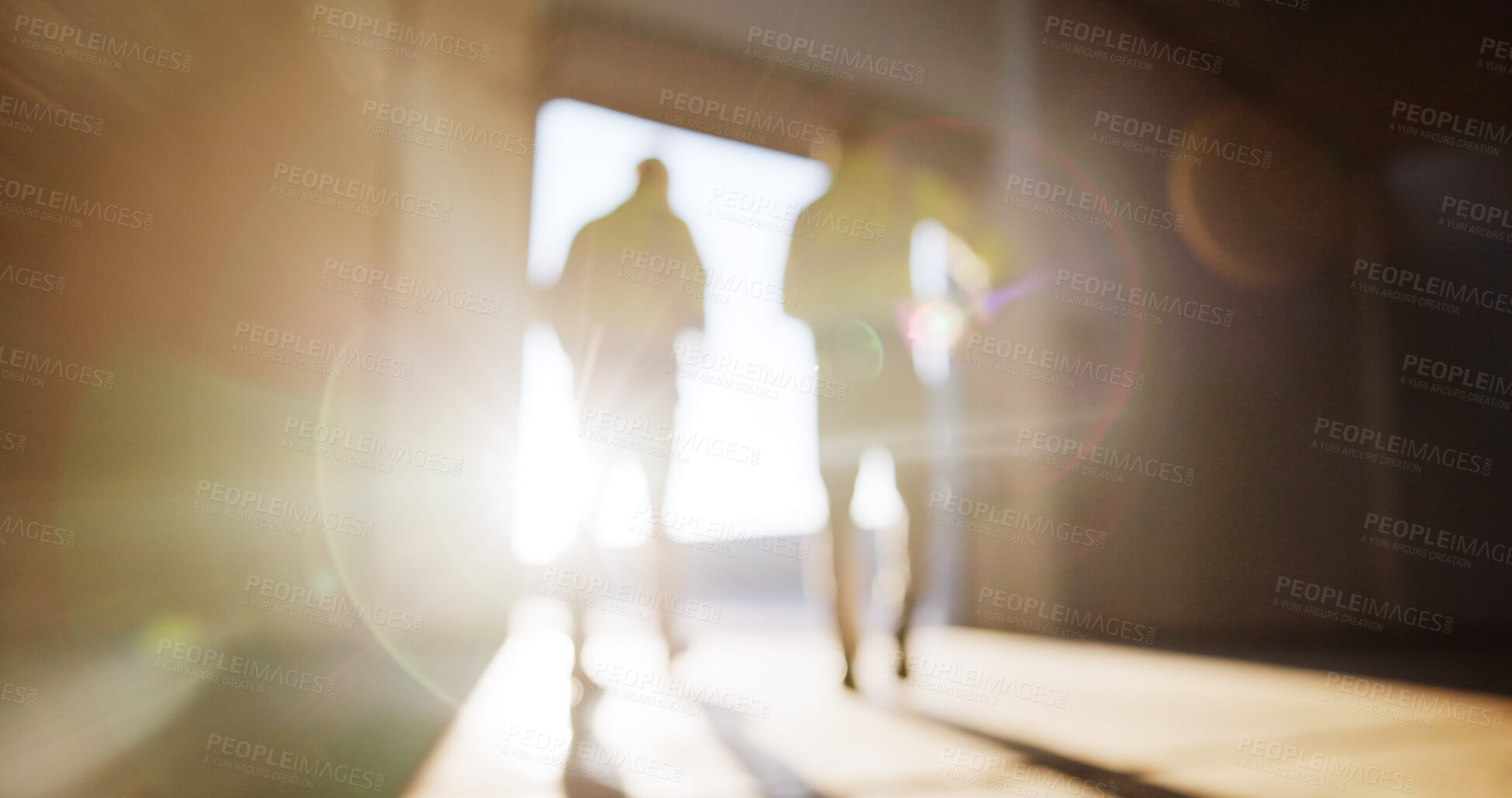 Buy stock photo Blur, building and flare with construction worker people on site for collaboration or civil engineering. Architecture, back and infrastructure with contractors on location for industrial development