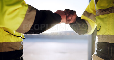 Buy stock photo Fist bump, architect and construction people with support for partnership, teamwork and collaboration. Workers, agreement and greeting together on site for inspection, maintenance and logistics