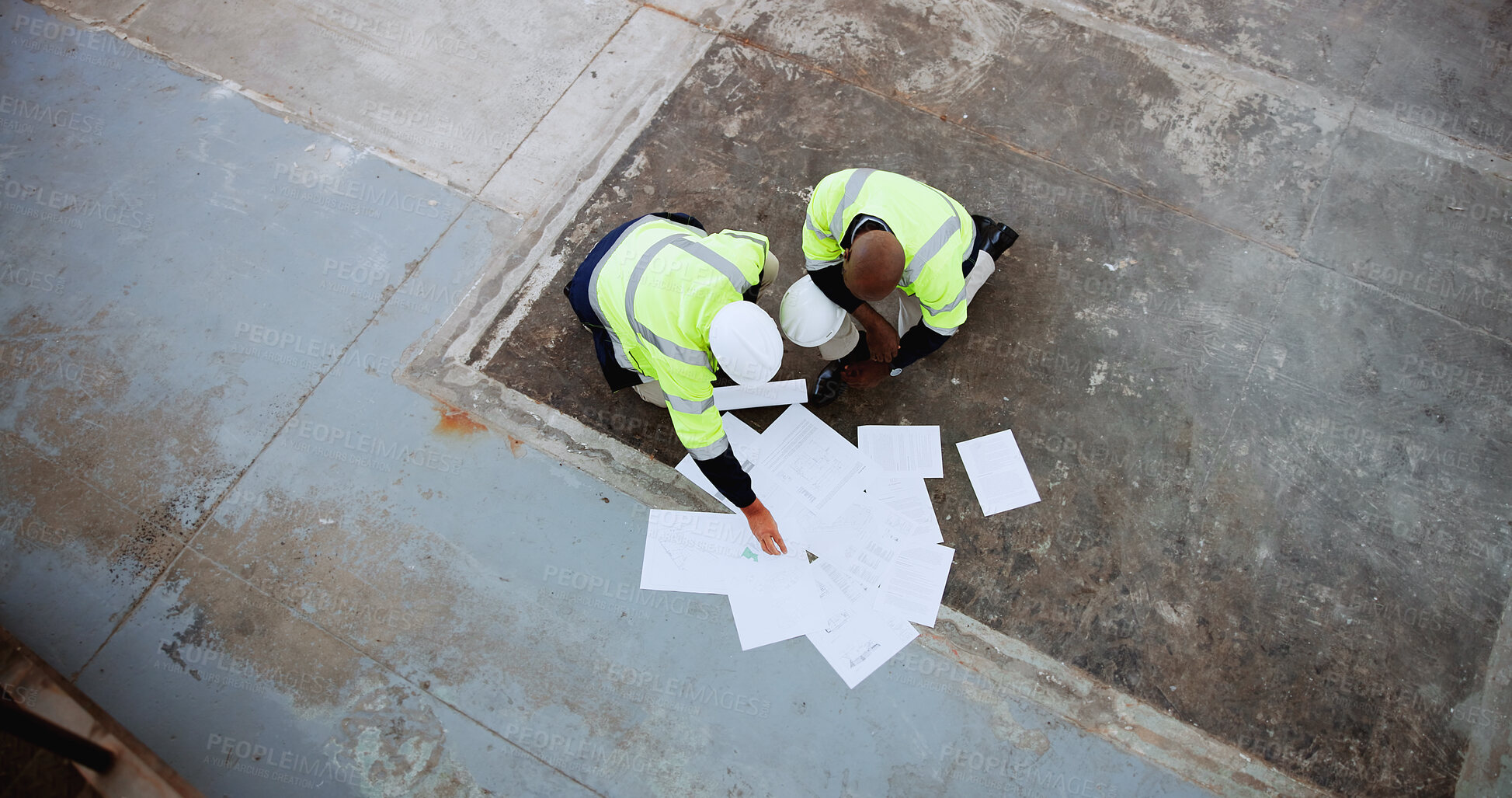 Buy stock photo Construction, planning and above of men with blueprint for collaboration, ideas and renovation. Engineering, architecture team and people with documents for floorplan, building layout and design