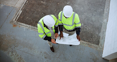 Buy stock photo Construction site, above and men with blueprint in building for collaboration, project ideas and renovation. Engineering, architecture team and people with documents for floorplan, layout and design