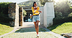 Dance, portrait and smile of black woman outdoor in summer for choreography, energy or expression. Fashion, headphones and music with happy dancer person walking in park for excitement, fun or rhythm