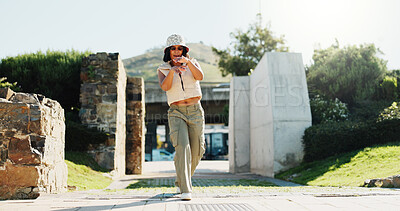 Buy stock photo Dance, fashion and portrait of woman outdoor in summer for choreography, energy or expression. Attitude, music and rhythm with confident dancer person walking in park for excitement, fun or movement