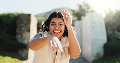 Buy stock photo Dance, happy and portrait of woman outdoor in summer for choreography, energy or expression. Excited, music and rhythm with smile of dancer person walking in park for excitement, fun or movement