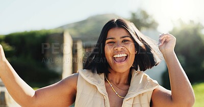 Buy stock photo Dance, energy ad portrait of woman outdoor in summer for choreography, expression or rhythm. Fashion, music and smile with happy dancer person walking in park for excitement, fun or movement