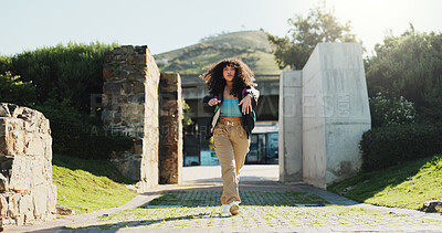 Buy stock photo Attitude, dance and portrait of woman outdoor in summer for choreography, energy or expression. Fashion, music and rhythm with serious dancer person walking in park for excitement, fun or movement