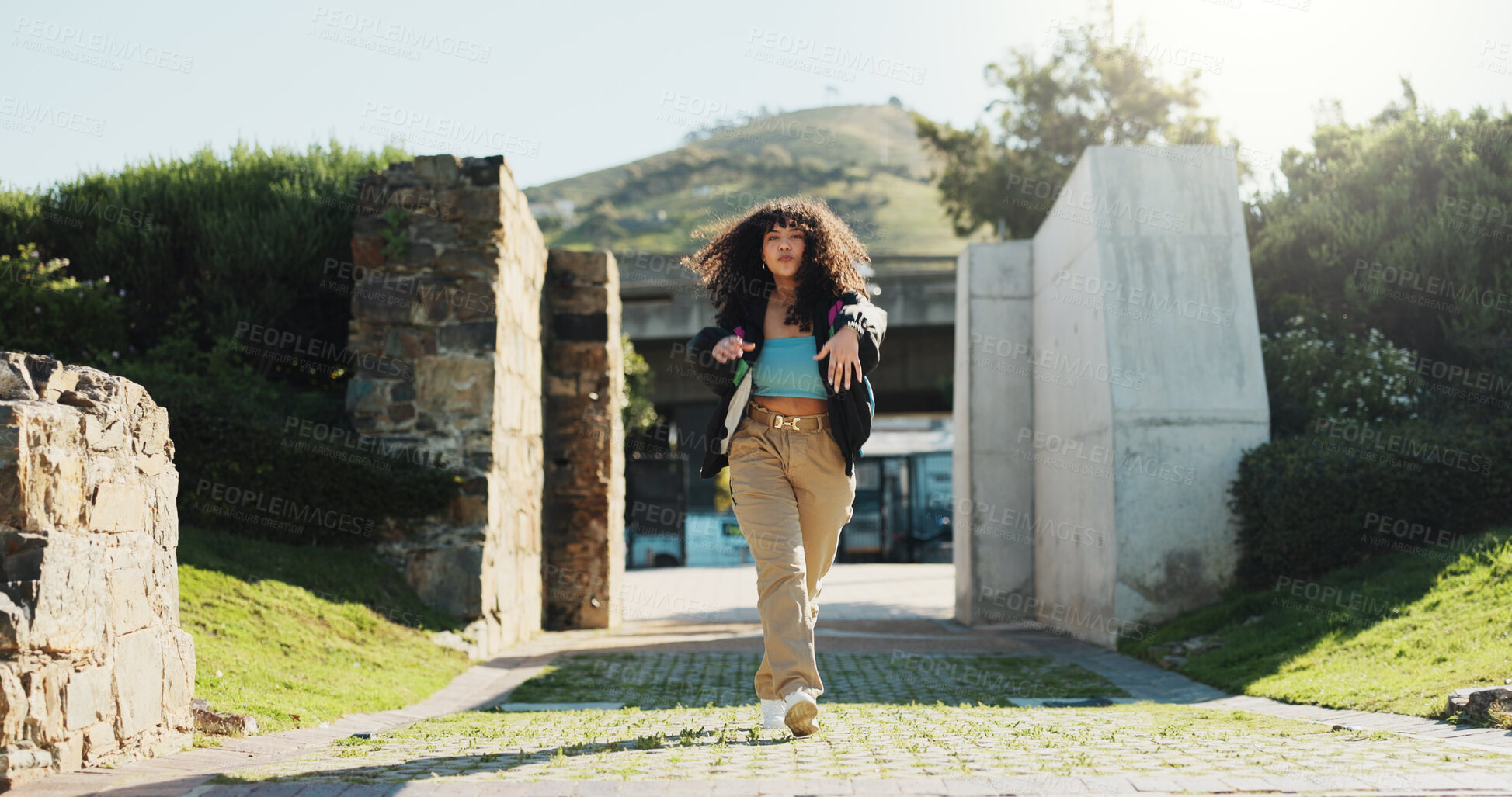 Buy stock photo Attitude, dance and portrait of woman outdoor in summer for choreography, energy or expression. Fashion, music and rhythm with serious dancer person walking in park for excitement, fun or movement