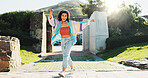 Dance, portrait and smile of woman outdoor in summer for choreography, energy or expression. Fashion, music and rhythm with happy dancer person walking in park for excitement, fun or movement