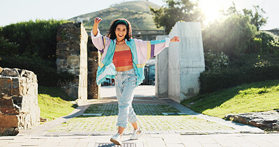Buy stock photo Dance, portrait and smile of woman outdoor in summer for choreography, energy or expression. Fashion, music and rhythm with happy dancer person walking in park for excitement, fun or movement
