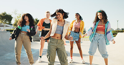 Buy stock photo Happy, dancing and girl friends in city with music for hip hop, fashion or talent with freestyle. Smile, fun and group of people with energy for moving to song together for practice outdoor in town.