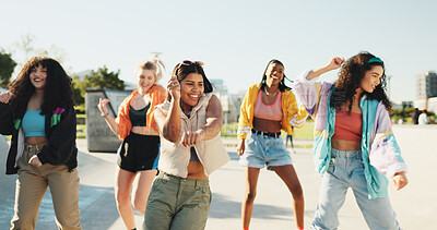 Buy stock photo Rehearsal, dancing and girl friends in city with music for hip hop, fashion or talent with freestyle. Happy, fun and people with energy for moving to song together for practice outdoor in urban town.