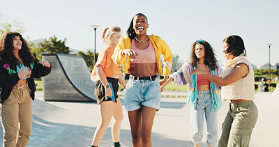 Buy stock photo Portrait, woman and dancing crew in city with music, hip hop culture and freestyle choreography. Smile, group and friends breakdance with energy, rhythm and performance with street wear at urban park